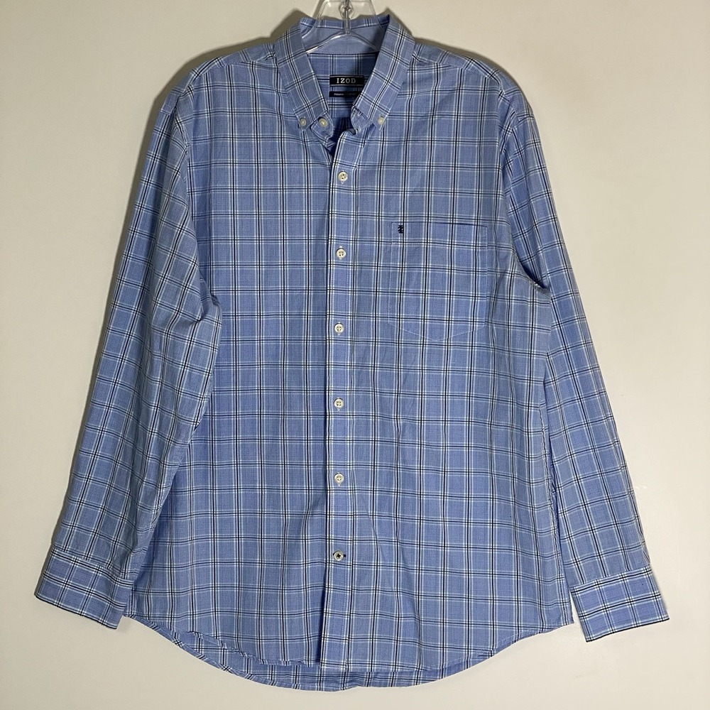 Izod Shirt Mens Medium Blue Plaid Button Down Casual Cotton Pocket Classic Work